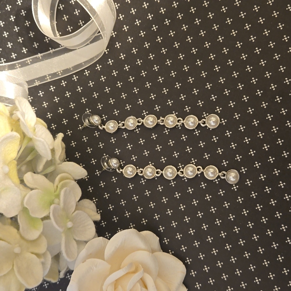Vintage Bridal style Long Length Drop Pearl Chain Wedding Prom Formal Earrings - Picture 3 of 8